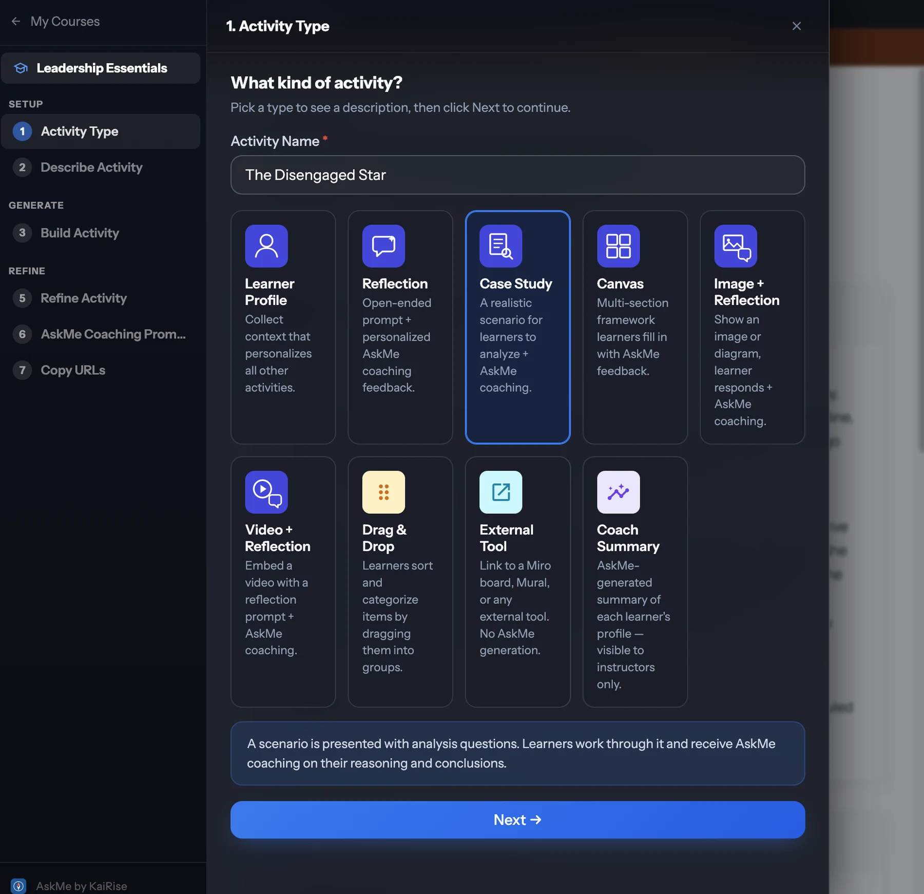 AskMe builder — Activity Type step