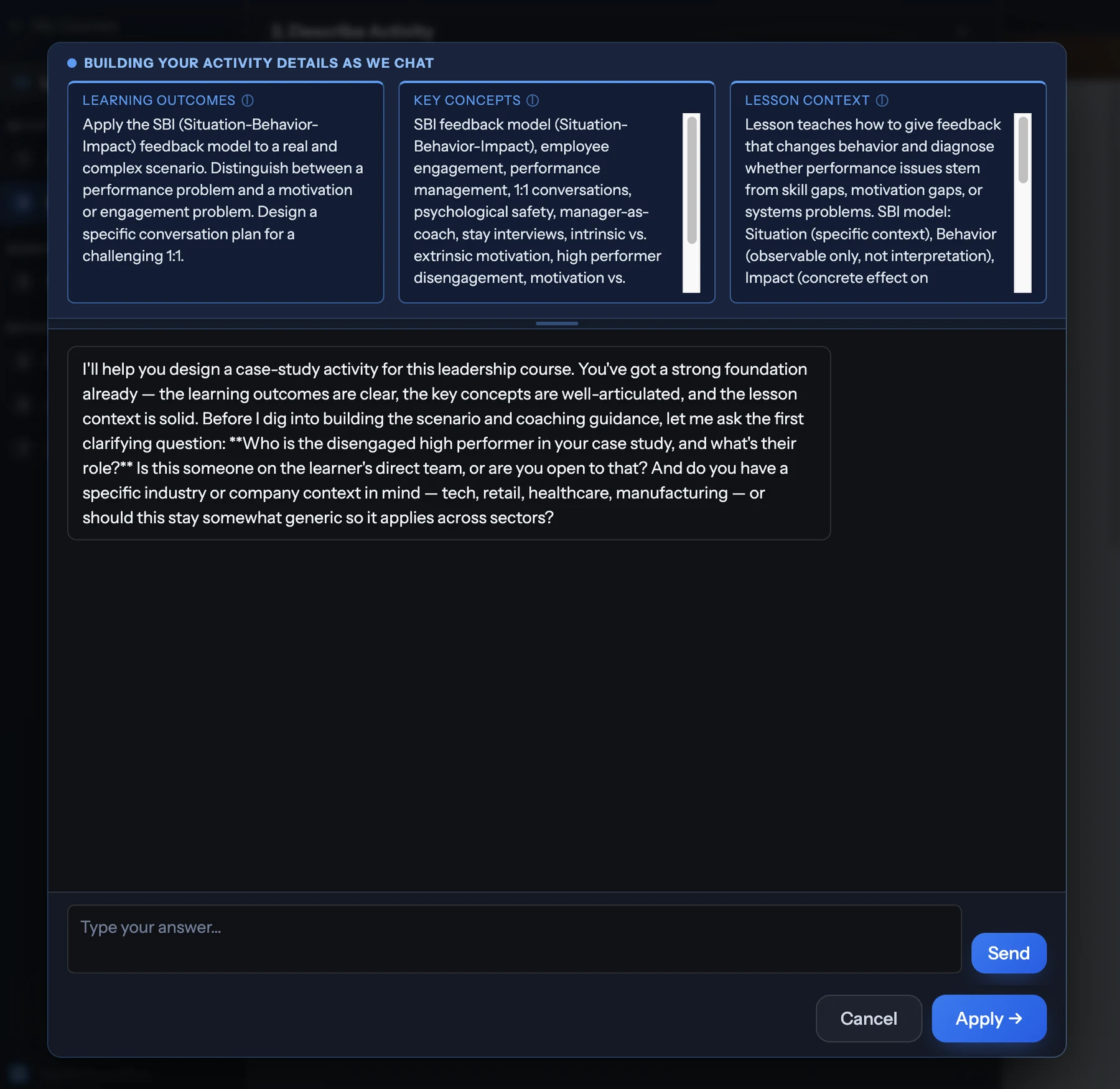 AskMe builder — conversational build step