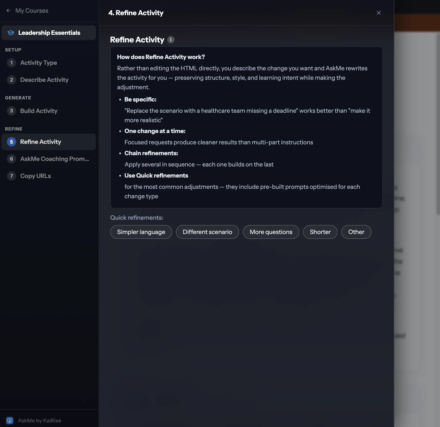 AskMe builder — Refine Activity step